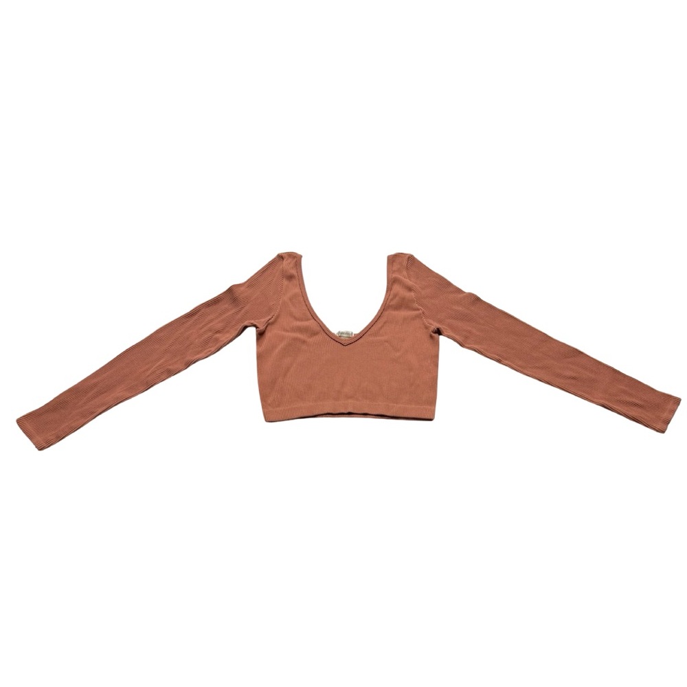Bozzolo‎ Ribbed Cropped Top Long Sleeve Brown Stretchy S/M Y2K